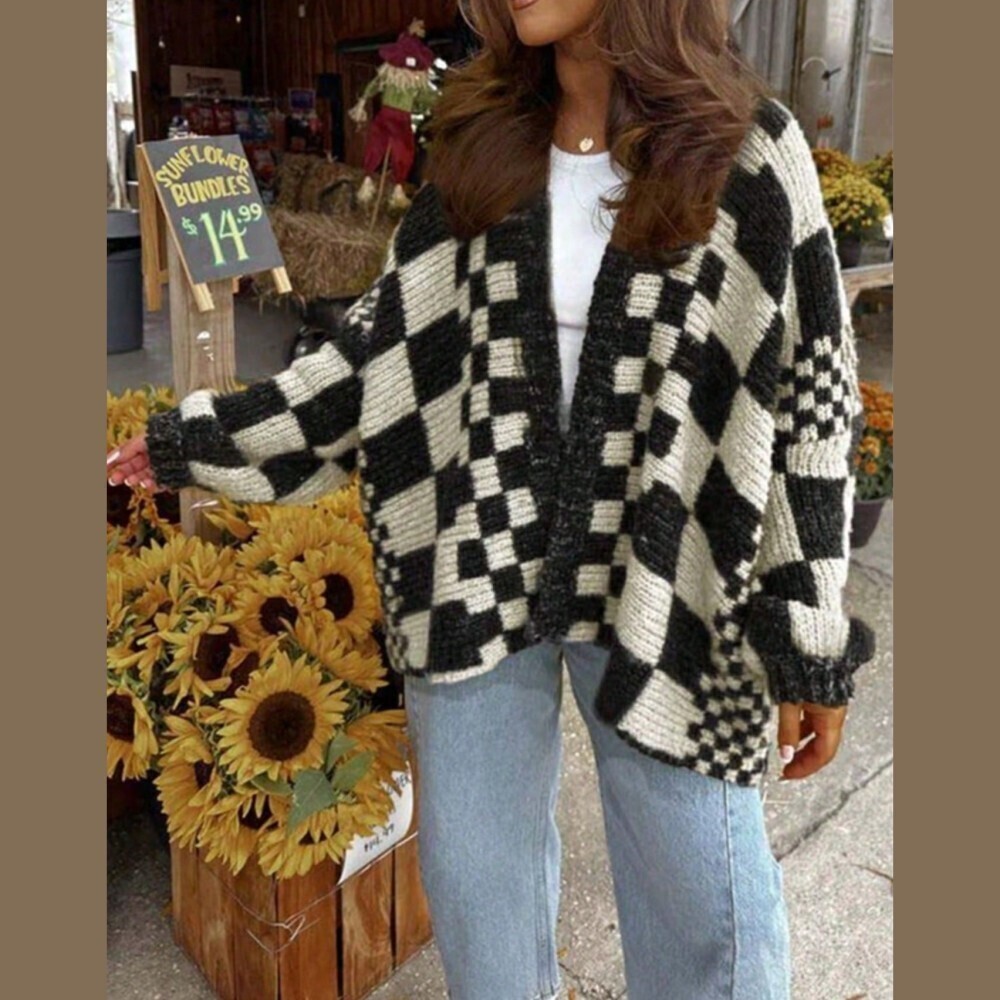 Black and Cream Checkered Chunky Knit Open Front Cardigan